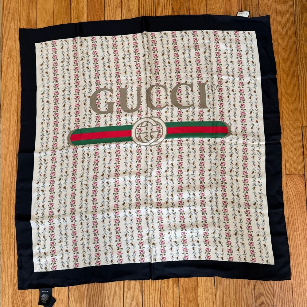 Gucci Silk Carre Scarf with Floral Detail and Navy Border 33x33”